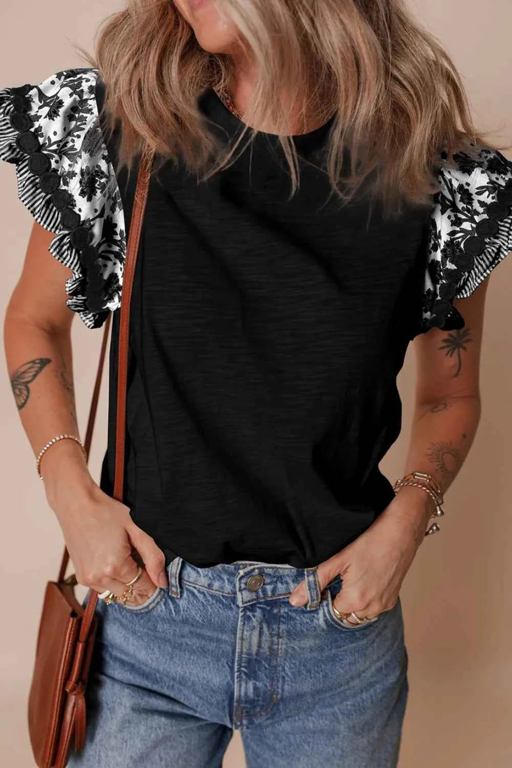 Round Neck Printed Ruffled Cap Sleeve Blouse