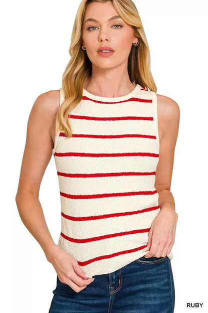 Zenana Round Neck Stripe Knit Tank Top