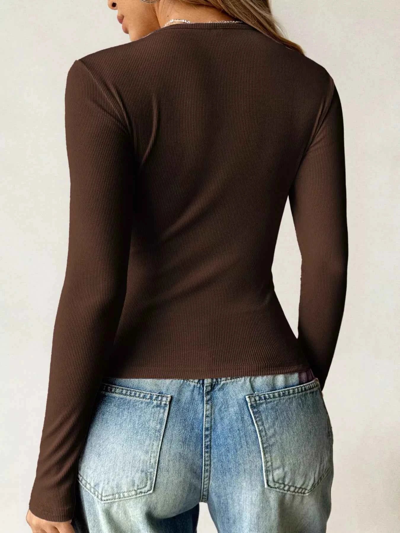 Ribbed Knit Long Sleeve Fitted T-Shirt