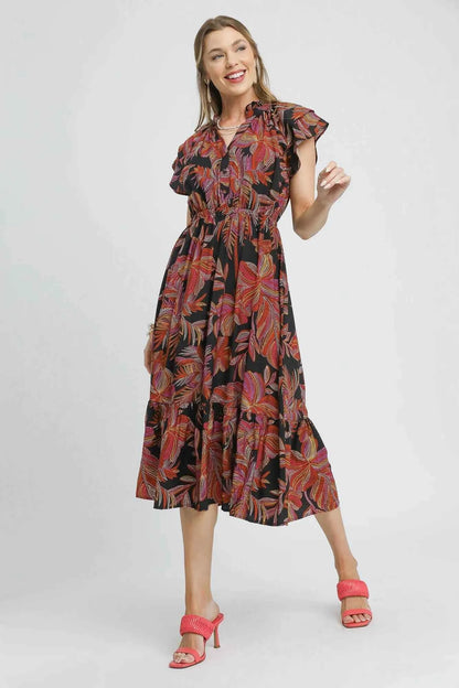 Umgee Mix Ruffle Sleeve Tropical Midi Dress