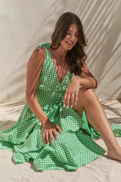 Jade By Jane Full Size Sleeveless Gingham Print Tiered Midi Dress Plus Size