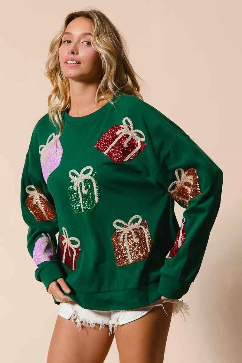 BiBi Sequin Christmas Gift Box Embroideries Pullover