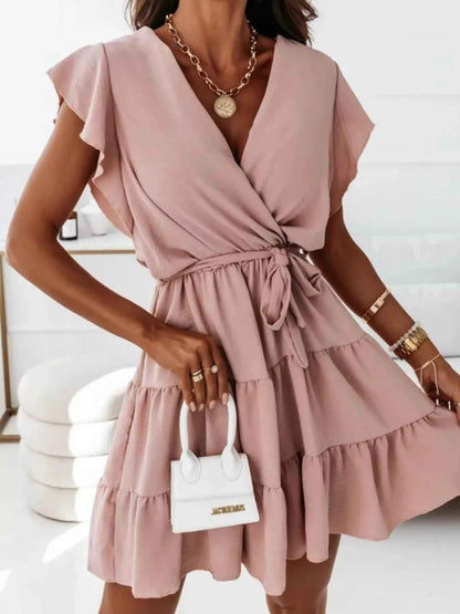 Ruffle Sleeve Tie Waist Tiered Mini Dress