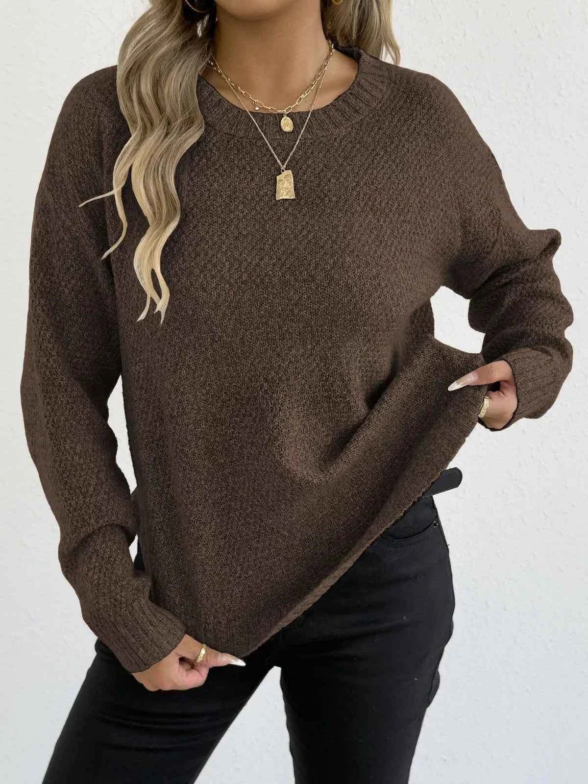 Textured Knit Relaxed Fit Round Neck Sweater