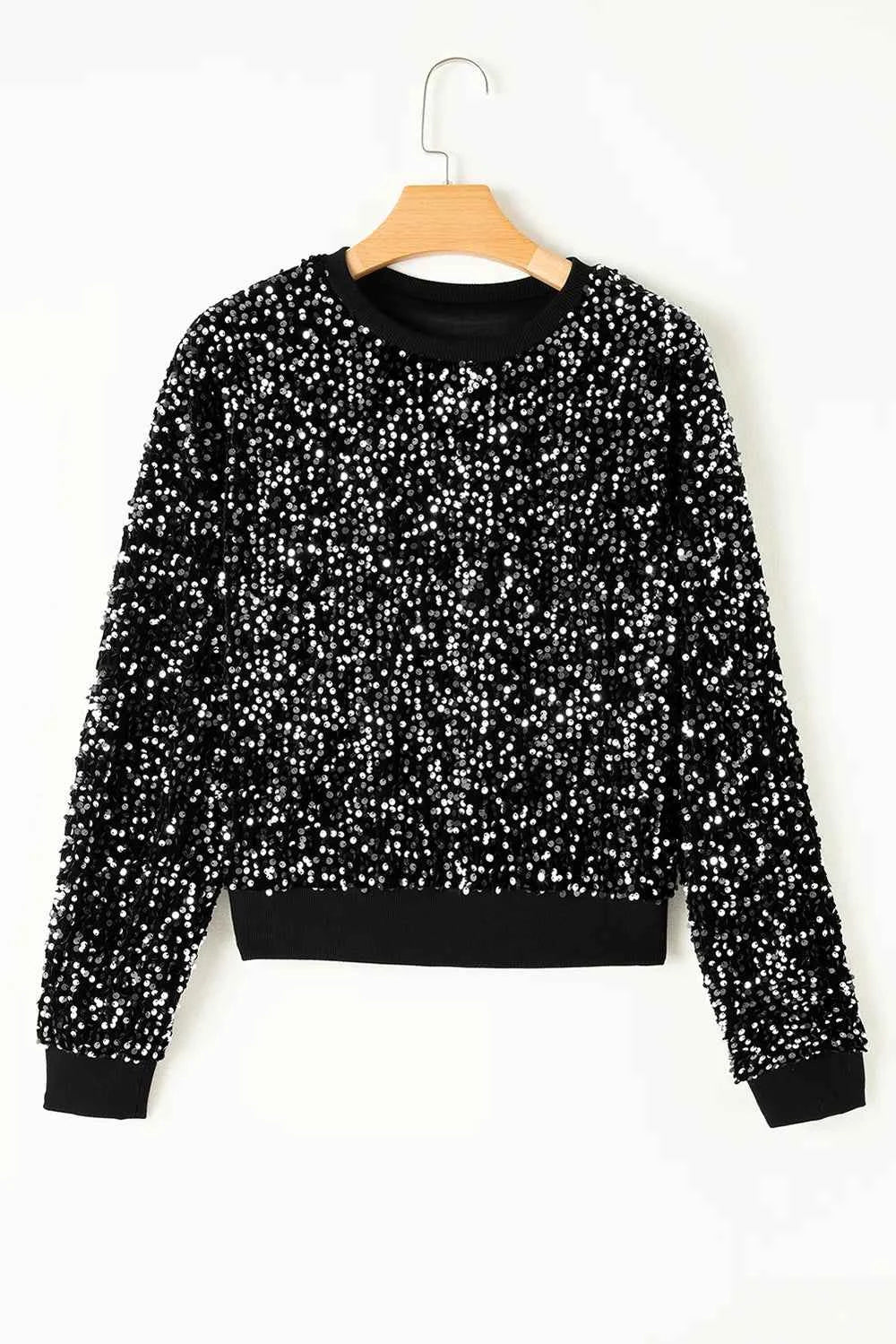 Sequin Round Neck Long Sleeve Blouse
