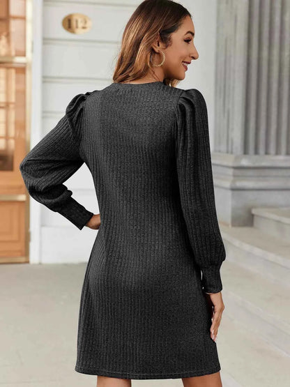 Ribbed Knit Puff Sleeve Casual Mini Dress