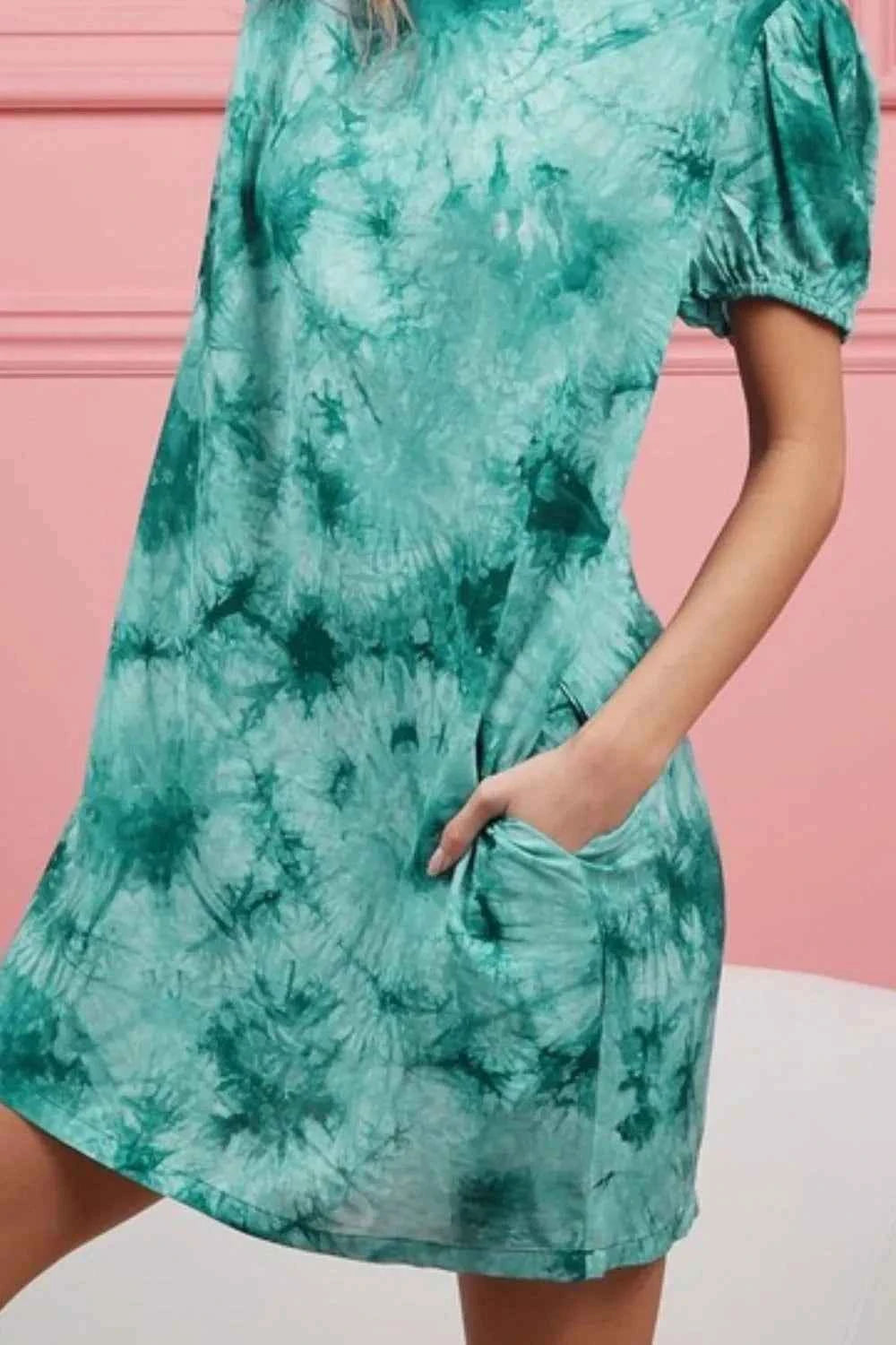 BiBi Puff Sleeve With Side Pockets Tie Dye Dress