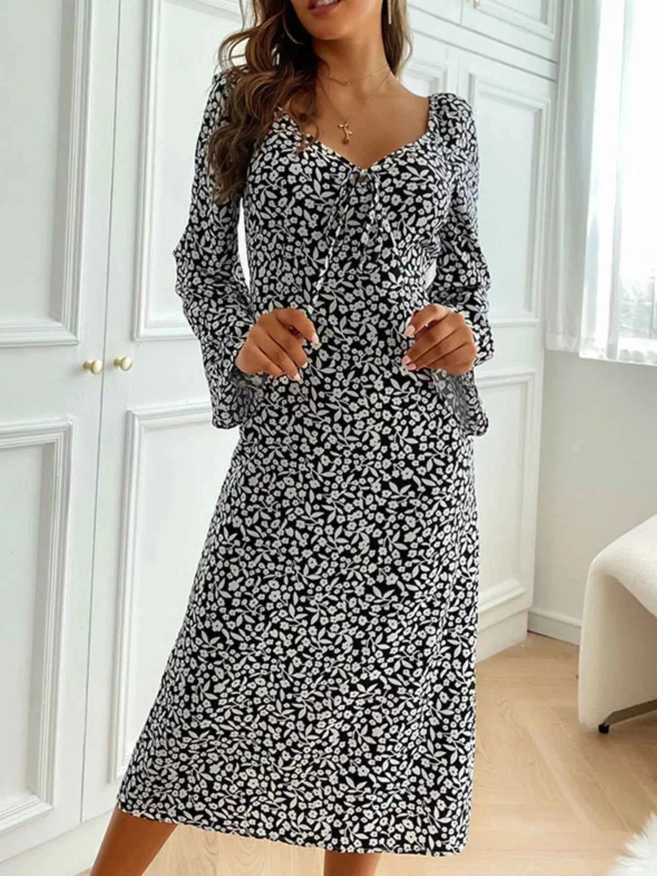 Printed Tie Flare Sleeve Midi Dress
