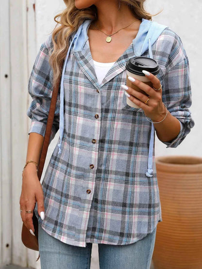 Plaid Button-Up Hooded Shirt with Chest Pocket