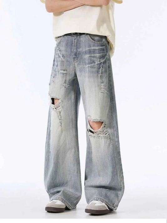 Men's Distressed Wide Leg Vintage Wash Jeans