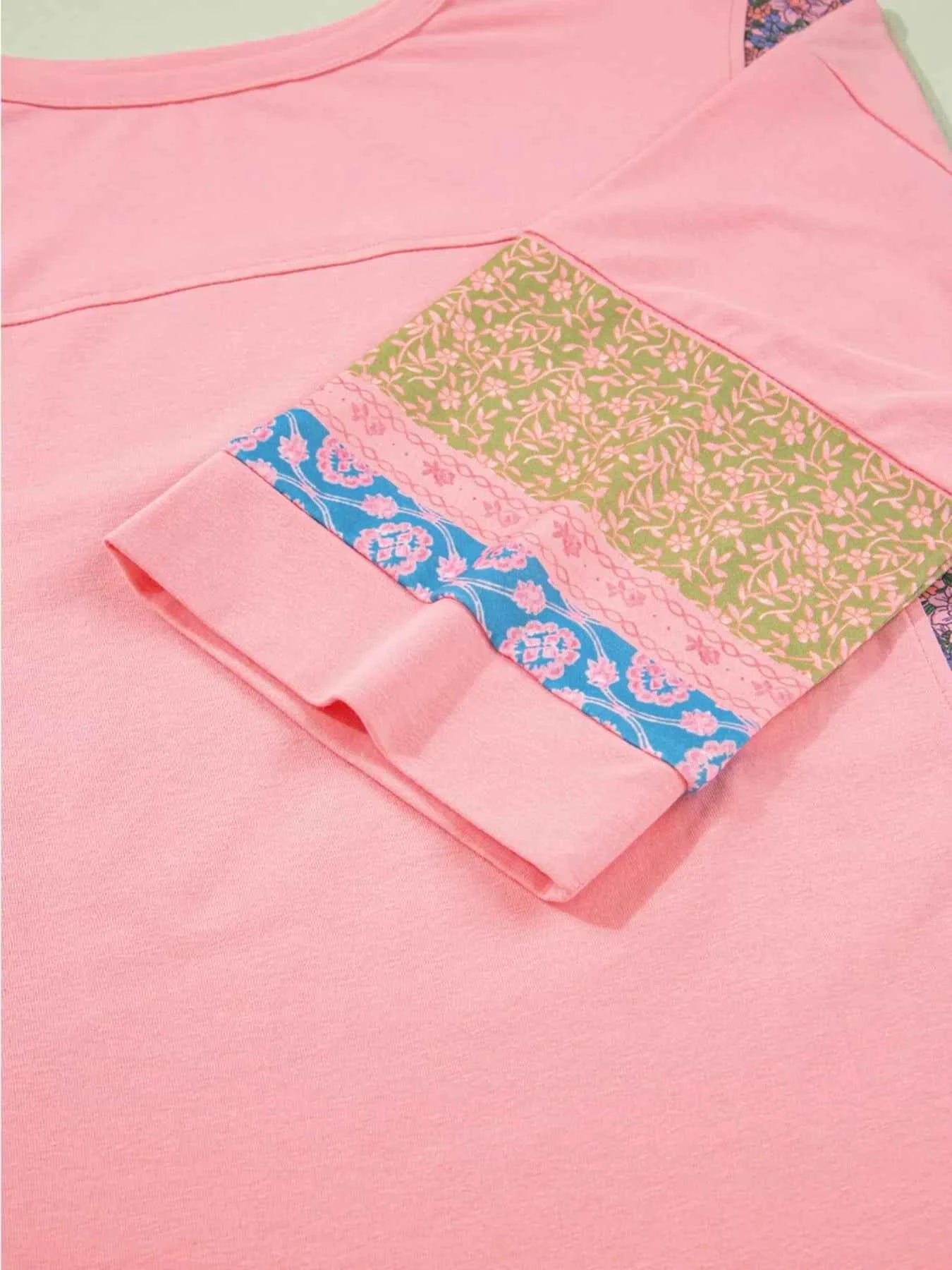 Floral Color Block Patchwork Long Sleeve Top