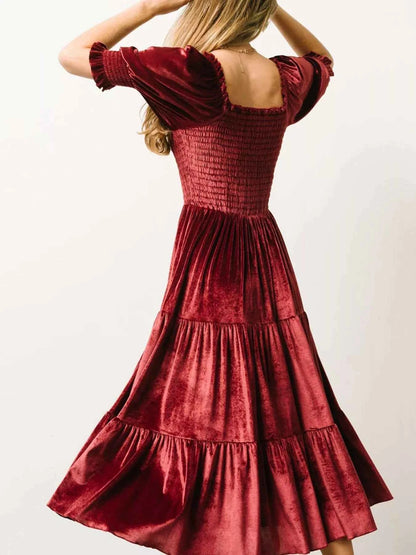 Velvet Smocked Tiered Midi Dress