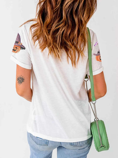 Sequin Pumpkin Witch Halloween Tee