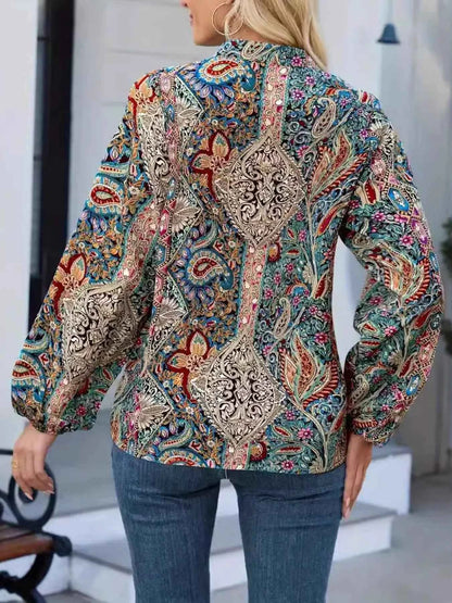 Printed Notched Balloon Sleeve Blouse