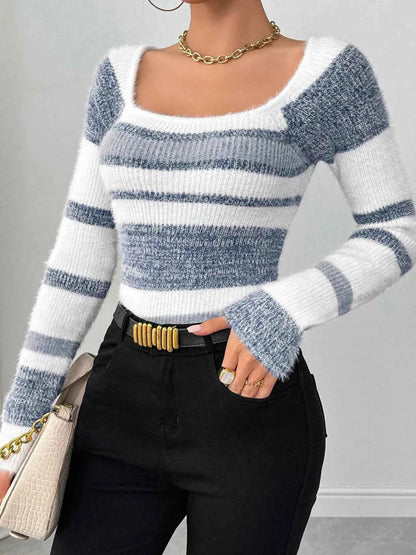 Striped Fuzzy Long Sleeve Sweater
