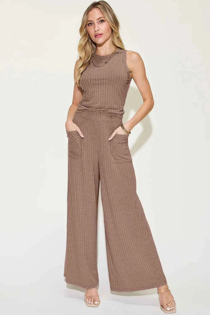 Basic Bae Full Size Ribbed Tank and Wide Leg Pants Set