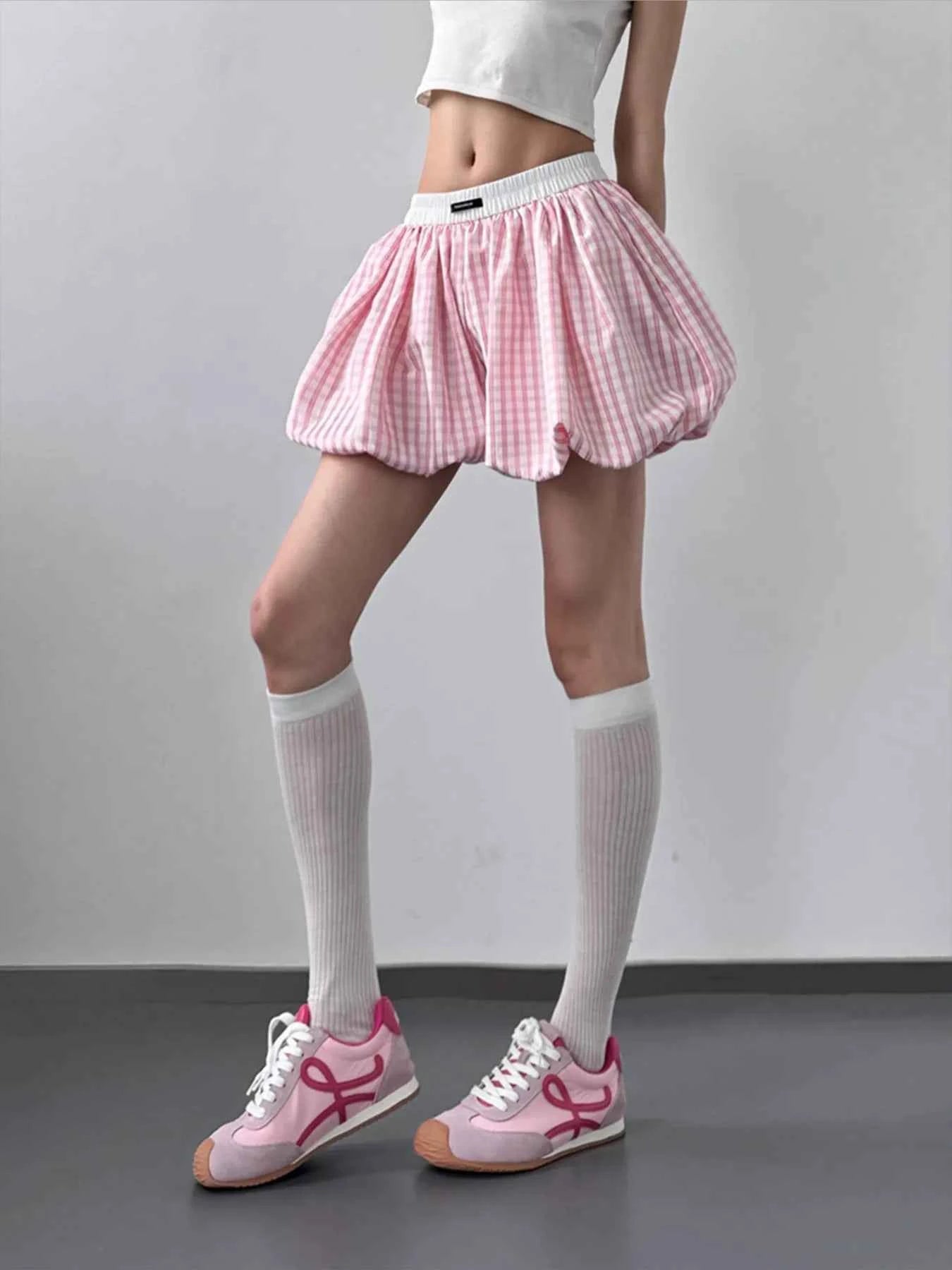 Plaid Elastic Waist Casual Shorts