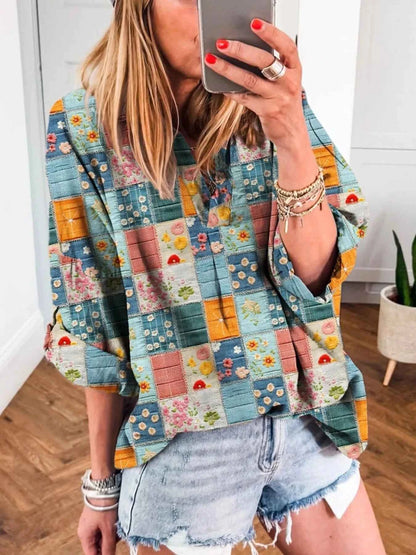 Patchwork Print Notched Long Sleeve Blouse