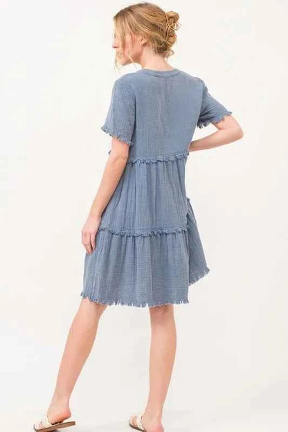 And The Why Washed Frayed Detail Tiered Dress