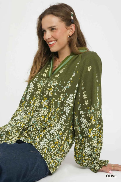 Umgee Floral Vine Print Blouse with Balloon Sleeves