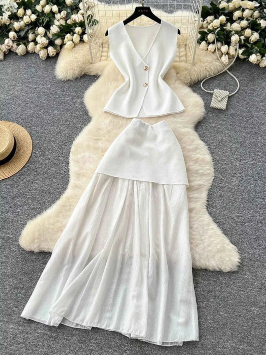 Button Up Sleeveless Top and Skirt Set