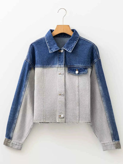 Color Block Patchwork Raw Hem Denim Jacket