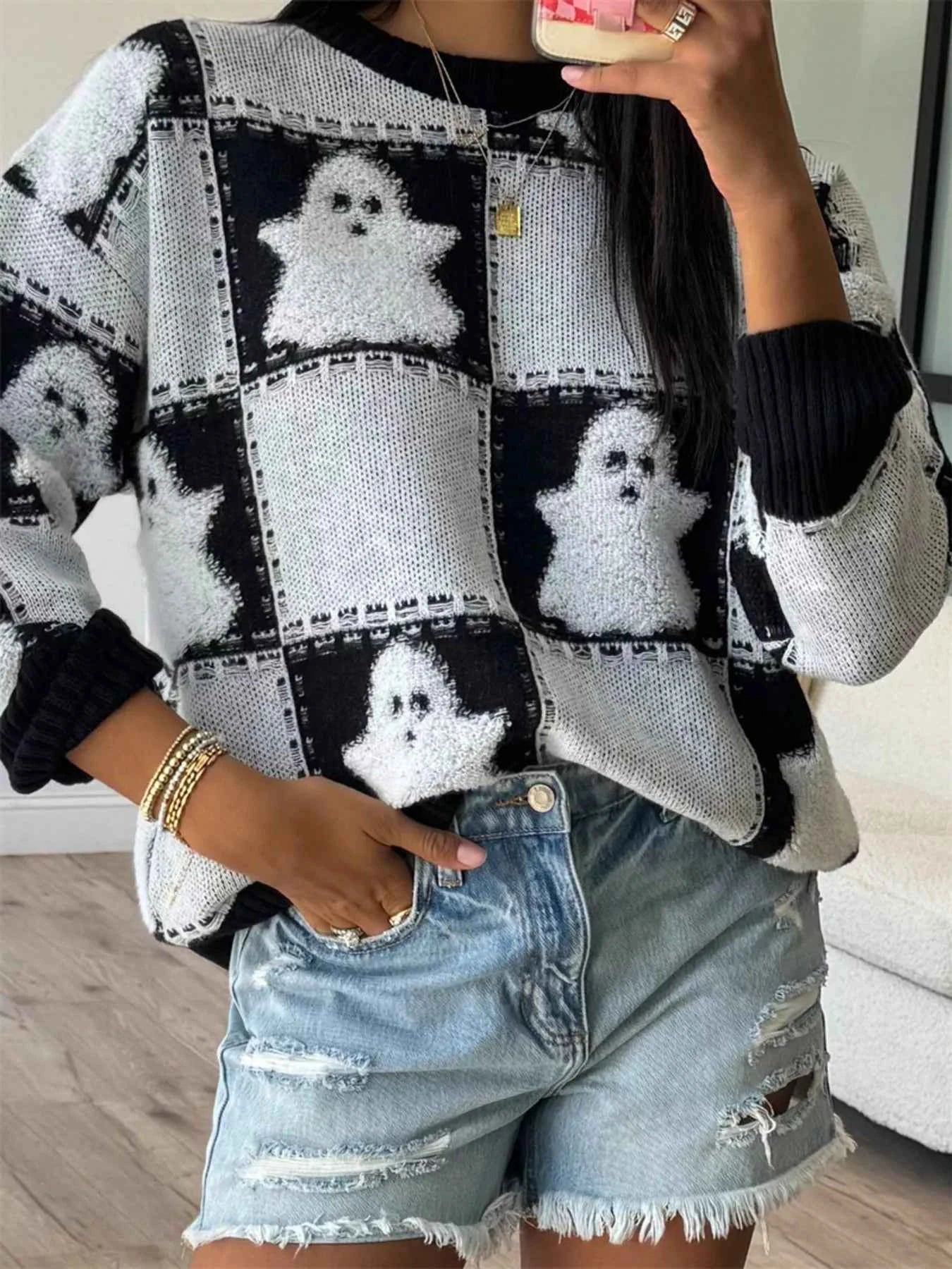 Halloween Ghost Checkered Drop Shoulder Sweater