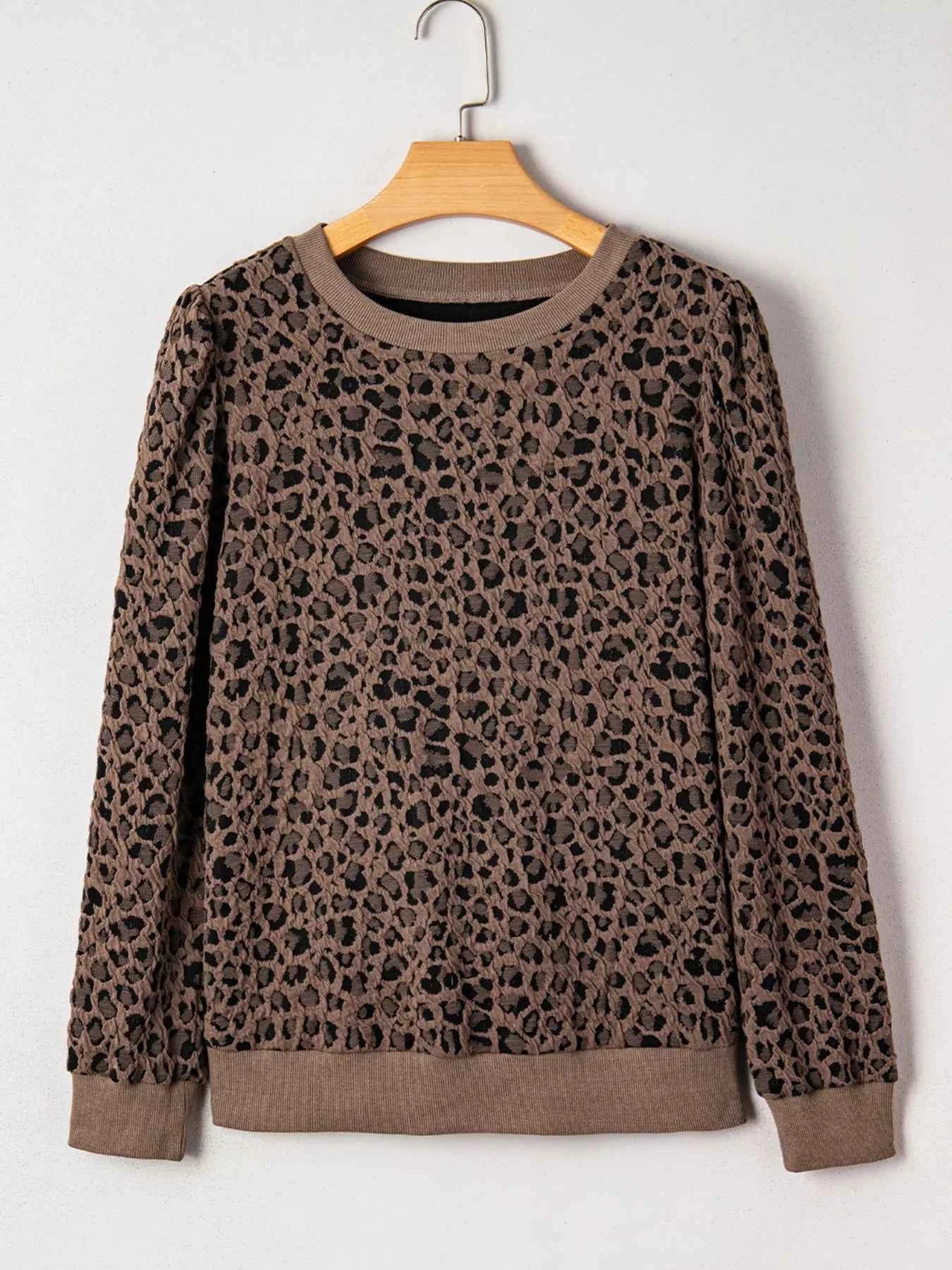Ribbed Trim Leopard Print Long Sleeve Top