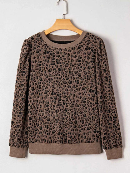 Ribbed Trim Leopard Print Long Sleeve Top