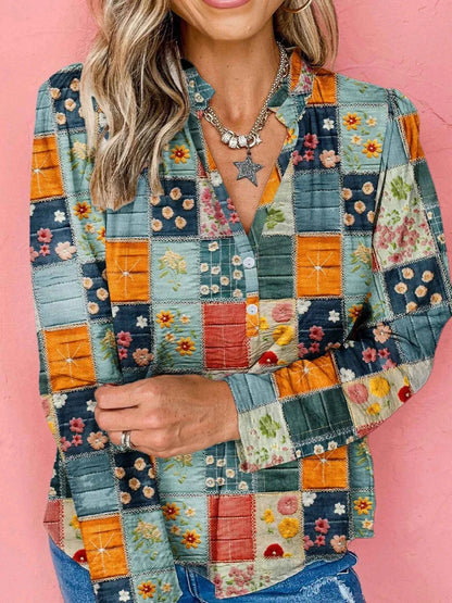Floral Half Placket Notched Blouse