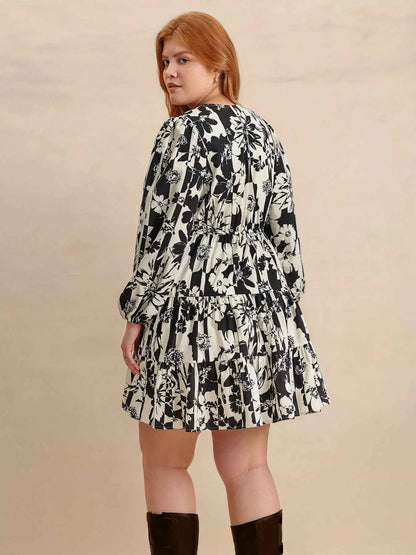 Plus Size Printed V-Neck Long Sleeve Mini Dress