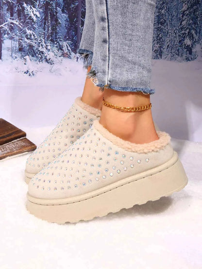 Rhinestone Round Toe Platform Slippers