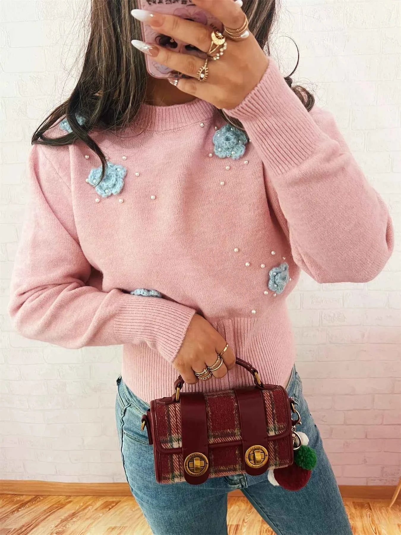Flower Pearl Detail Ribbed Hem Sweater