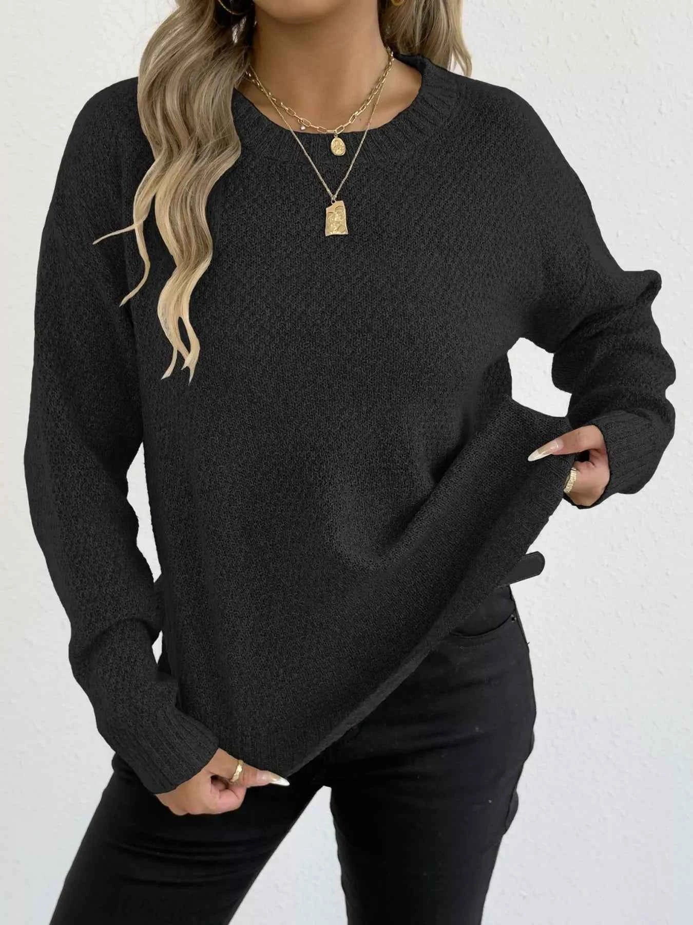 Textured Knit Relaxed Fit Round Neck Sweater