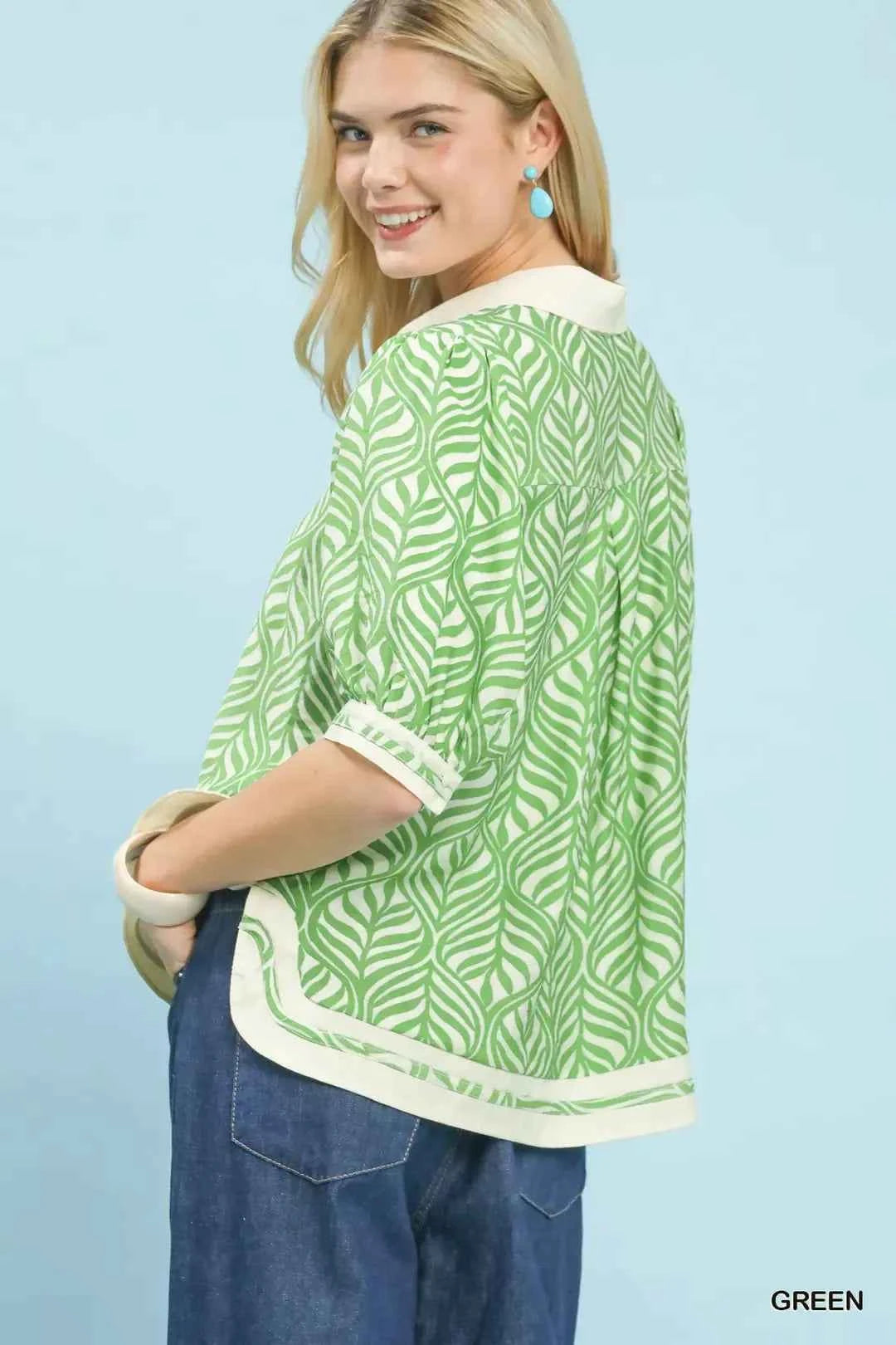 Umgee Geometric Leaf Print Popover Top