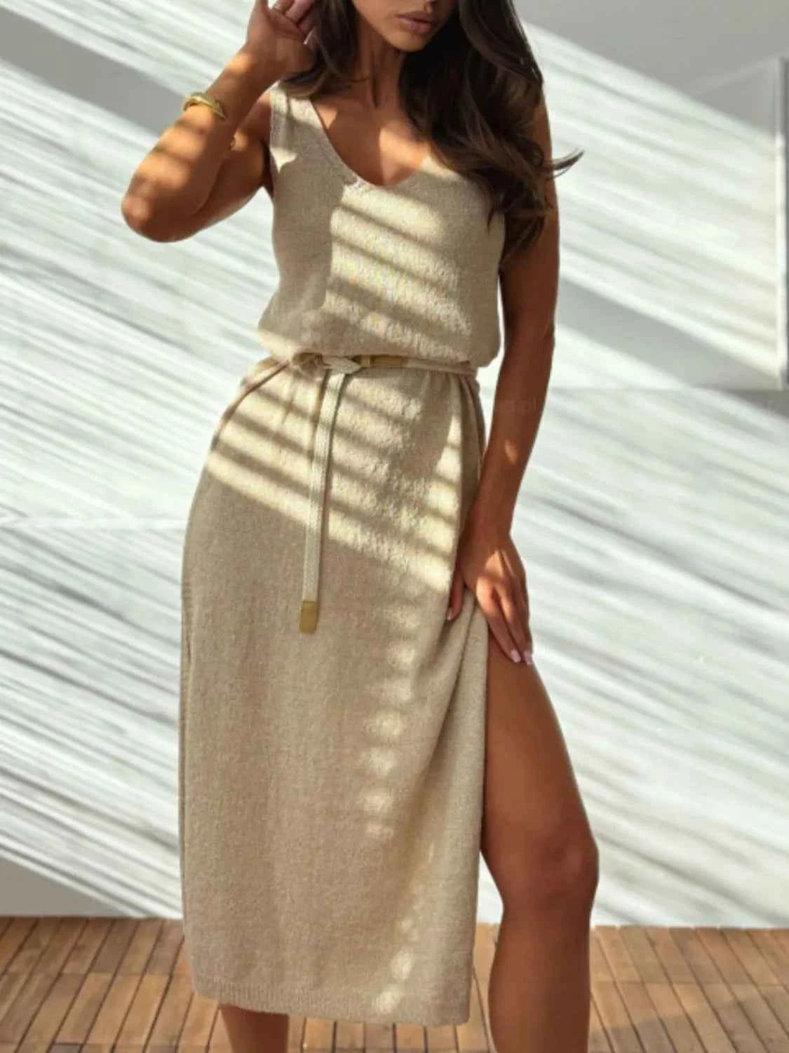 Slit V-Neck Sleeveless Sweater Dress