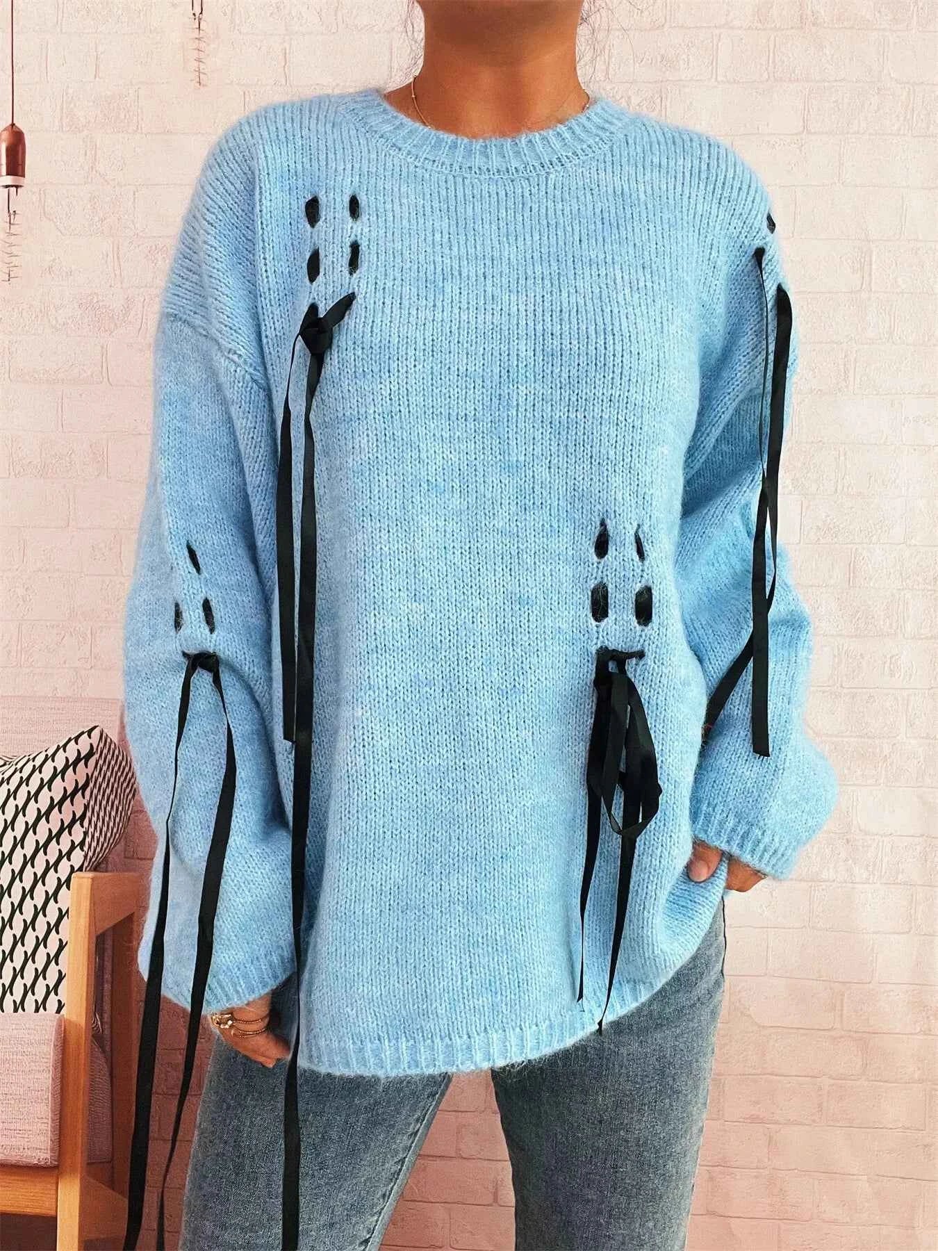 Round Neck Long Sleeve Sweater with Ribbon Details