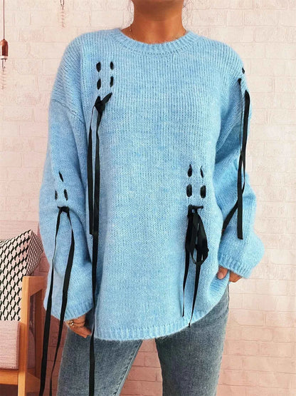 Round Neck Long Sleeve Sweater with Ribbon Details