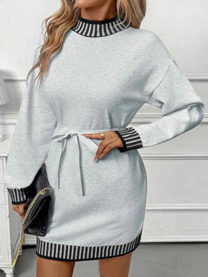 Striped Trim Tie Waist Sweater Dress