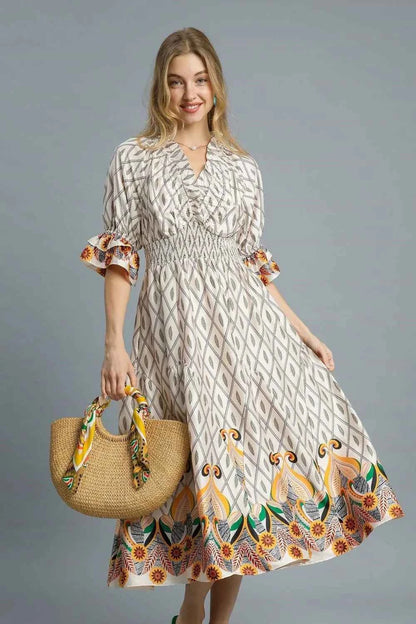 Umgee Printed Smocked Waist Flounce Sleeve Midi Dress