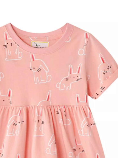 Children's Cute Rabbit Print Round Neck Dress