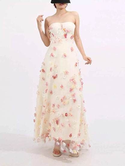 Floral Applique Strapless Tulle Maxi Dress