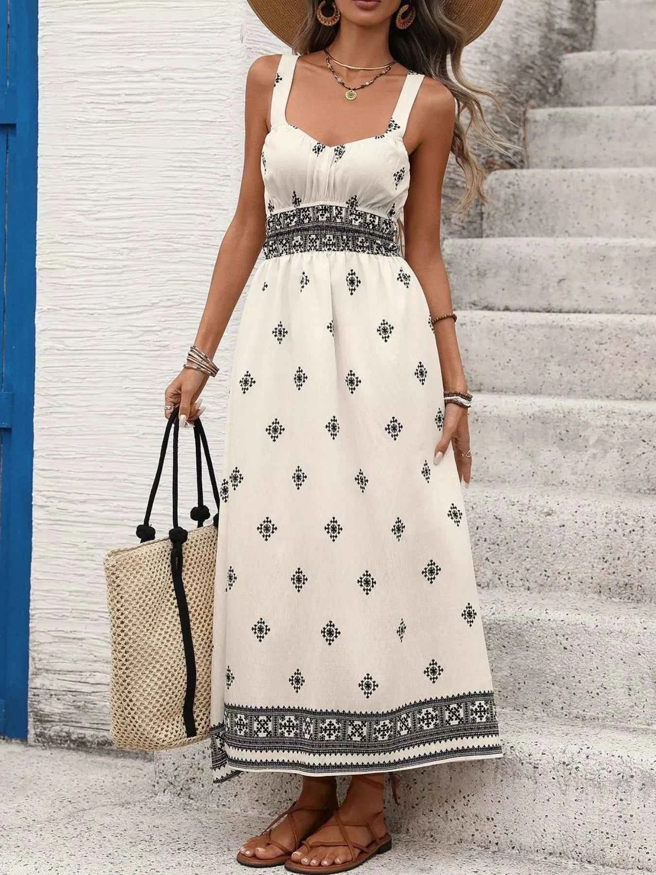 Printed Wide Strap Midi Dress