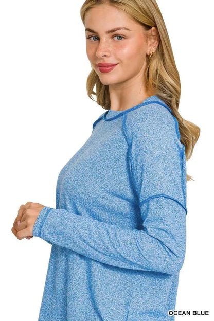 Zenana Full Size Melange Hacci Exposed Seam Hi-low Tee Plus Size