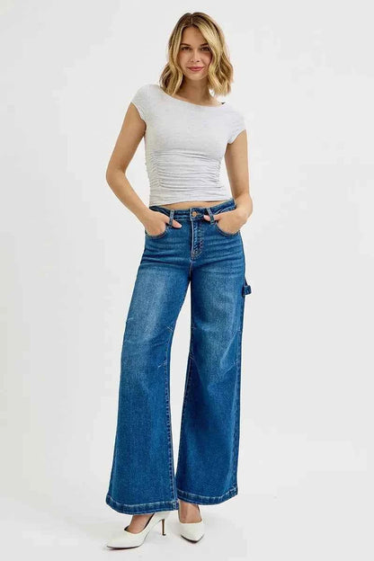 RISEN Full Size High Rise Wide Leg Patch Detailed Jeans Plus Size