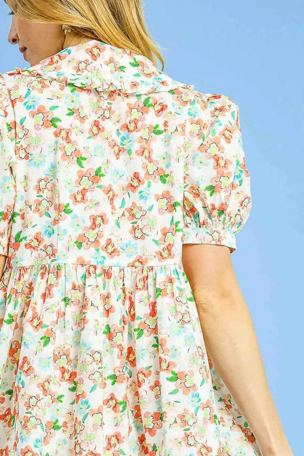 Umgee Floral Print Puff Sleeve Tie Front Mini Dress