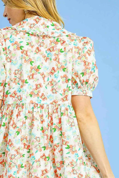 Umgee Floral Print Puff Sleeve Tie Front Mini Dress
