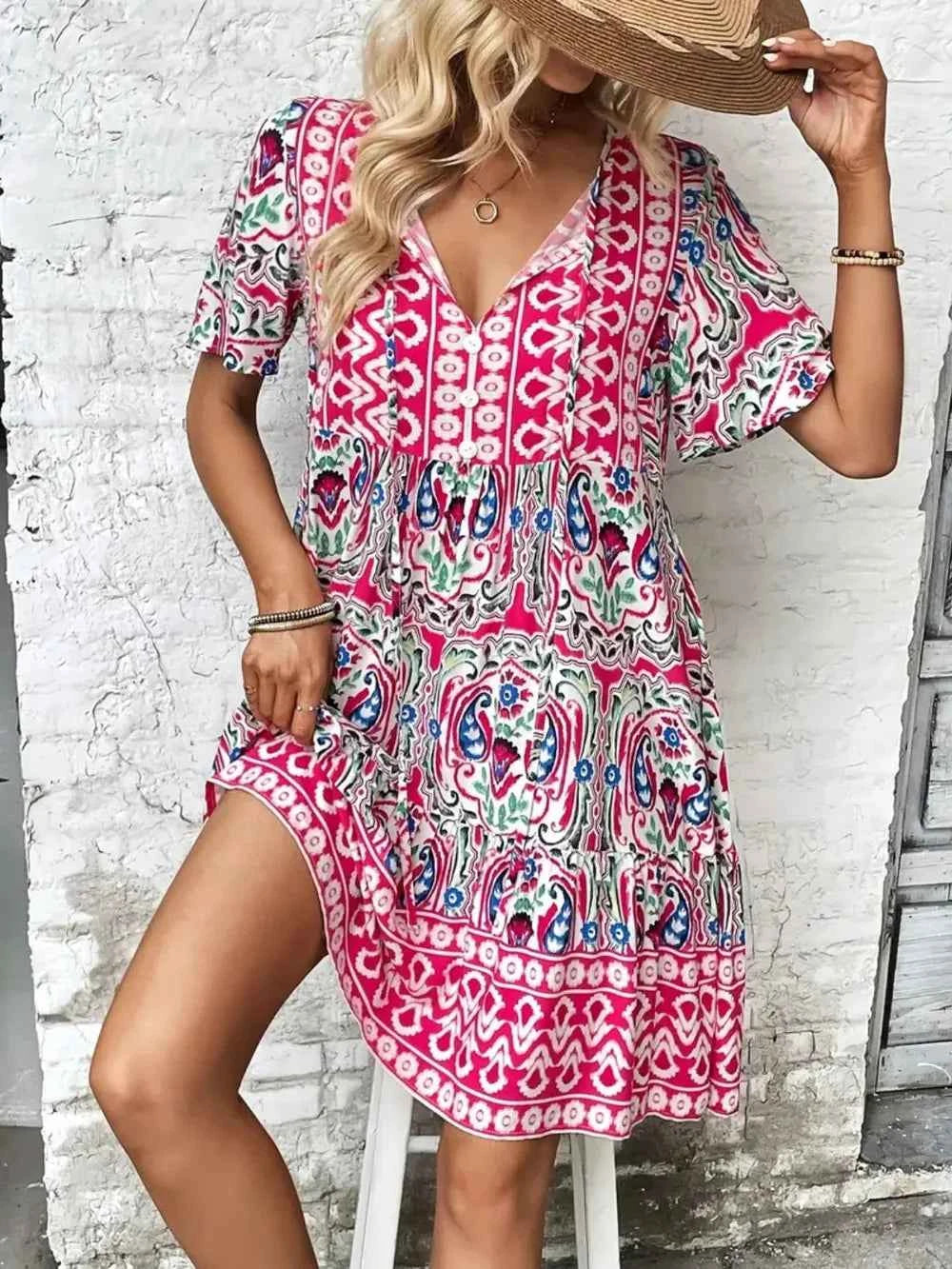 Printed Tie Neck Short Sleeve Dress