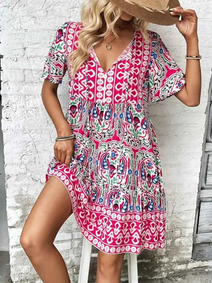 Printed Tie Neck Short Sleeve Dress