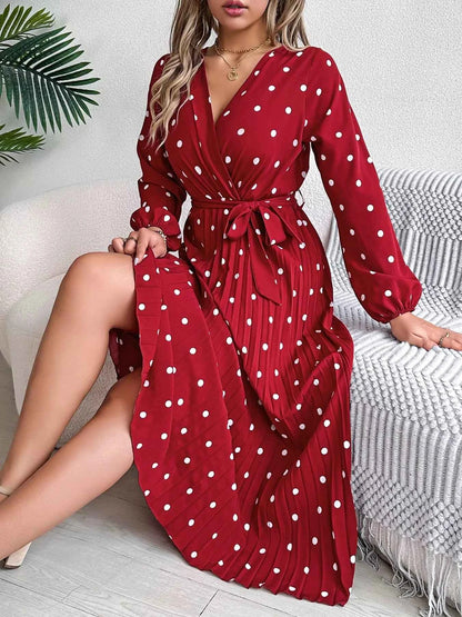 Front Tie Polka Dot Midi Pleated Dress